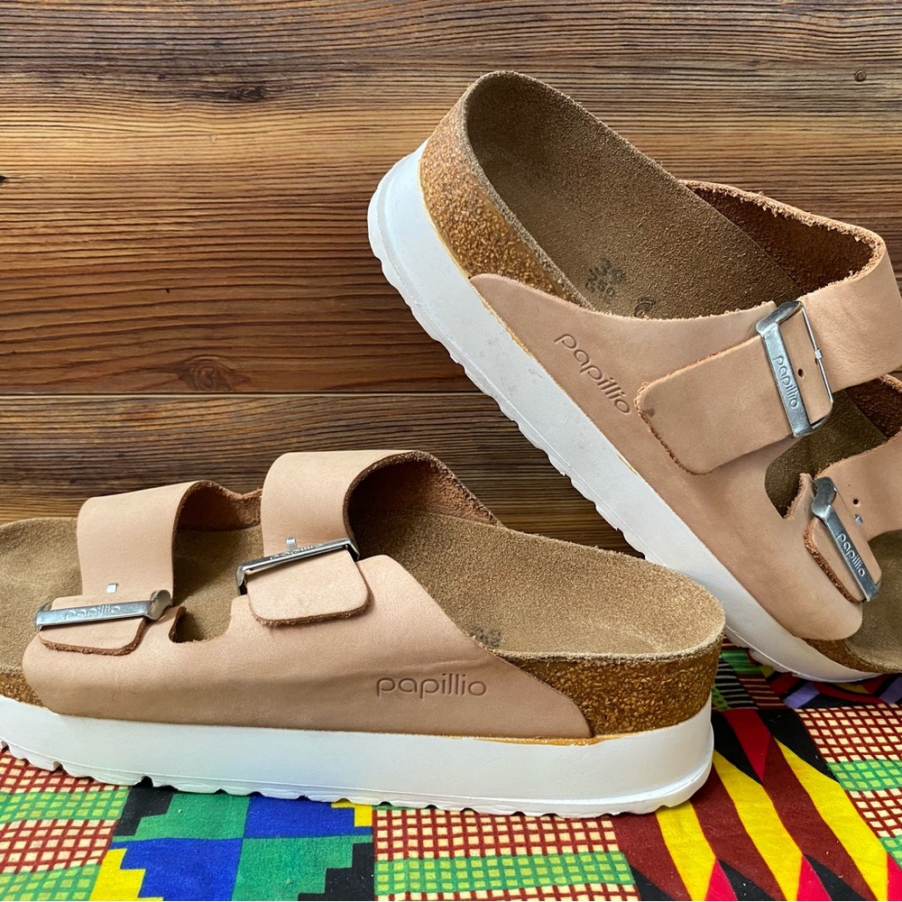 Pre-owned Papillio Arizona Platform Tan Sandals with White Soles 39/8 Women’s